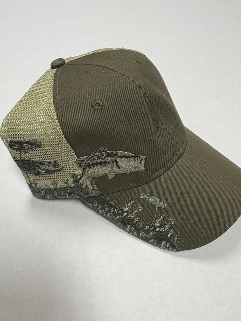 Flat Fitty KC CAPS Bass Fishing Embroidered Trucker Hat Olive Green Mesh Back